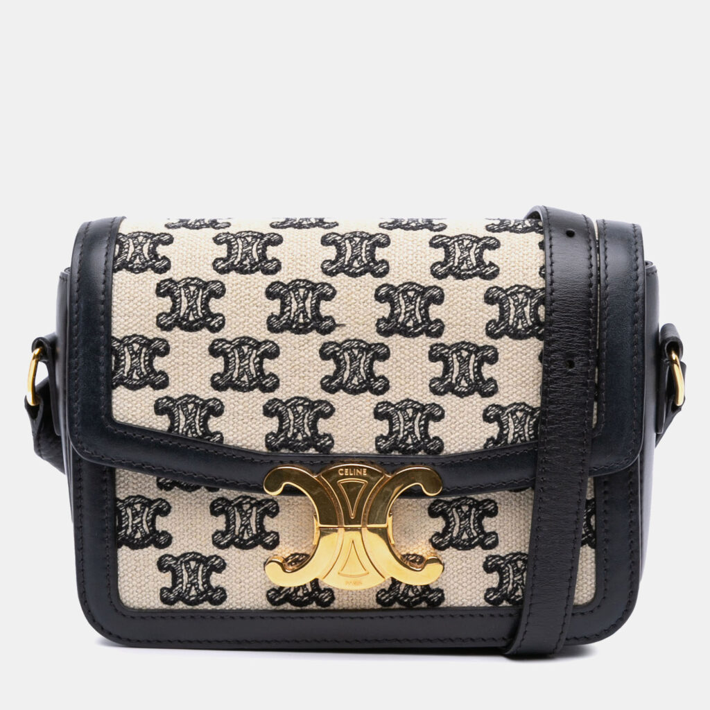 Celine Beige Teen Embroidered Canvas and Calfskin Triomphe Crossbody
