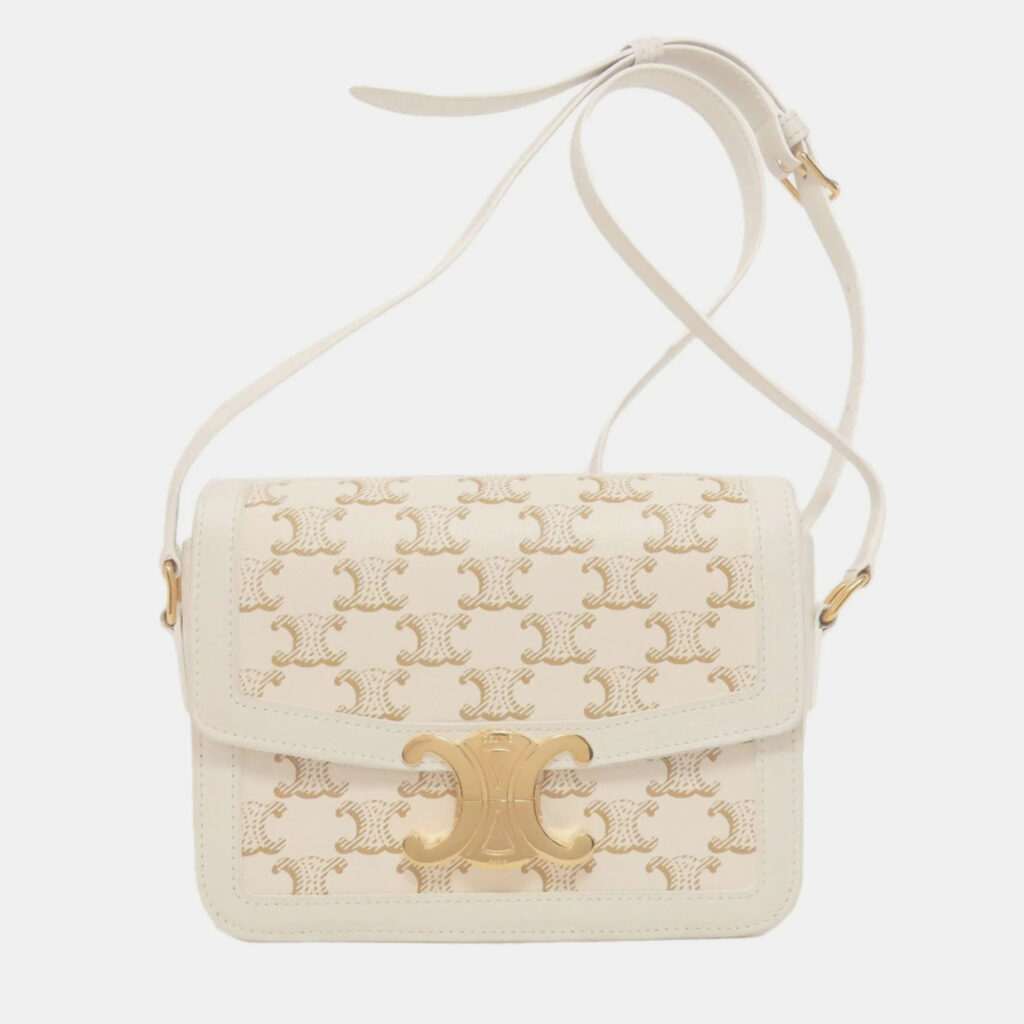 Celine Teen Triomphe White Calfskin/Coated Canvas Shoulder Bag Celine Teen Triomphe White Calfskin/Coated Canvas Shoulder Bag