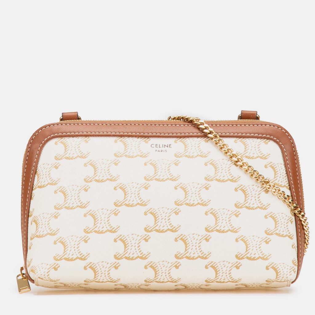 Celine Brown White Triomphe Coated Canvas Clutch On Chain Celine Brown White Triomphe Coated Canvas Clutch On Chain