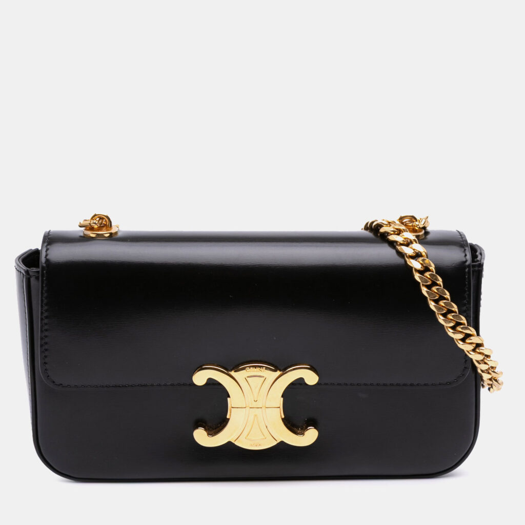 Celine Black Shiny Calfskin Claude Chain Shoulder Bag Celine Black Shiny Calfskin Claude Chain Shoulder Bag