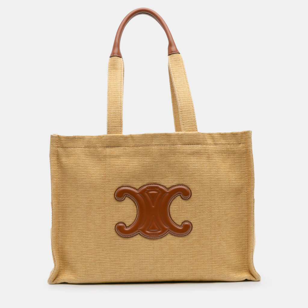 Celine Beige Brown Large Raffia Cuir Triomphe Cabas Thais Tote