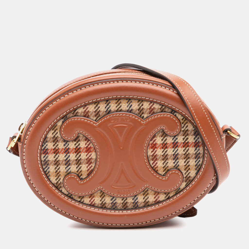 Celine Brown Small Houndstooth Canvas and Calfskin Cuir Triomphe Oval Crossbody Celine Brown Small Houndstooth Canvas and Calfskin Cuir Triomphe Oval Crossbody