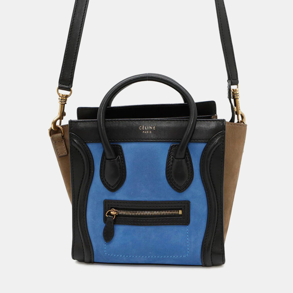 Celine Luggage Shopper Nano Blue Beige Black Suede Leather Handbag
