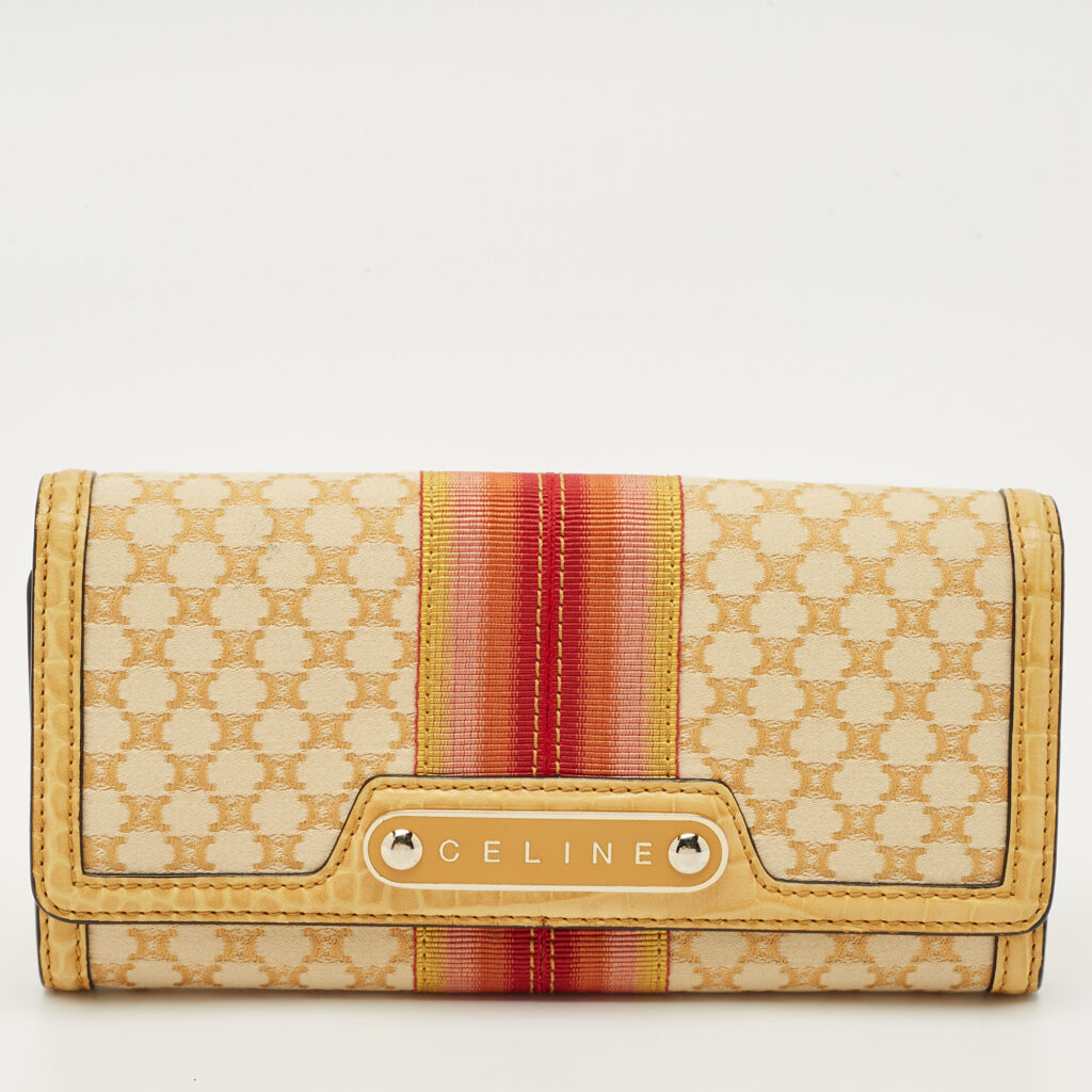 Celine Orange/Yellow Macadam Print Fabric and Croc Embossed Leather Flap Continental Wallet Celine Orange/Yellow Macadam Print Fabric and Croc Embossed Leather Flap Continental Wallet