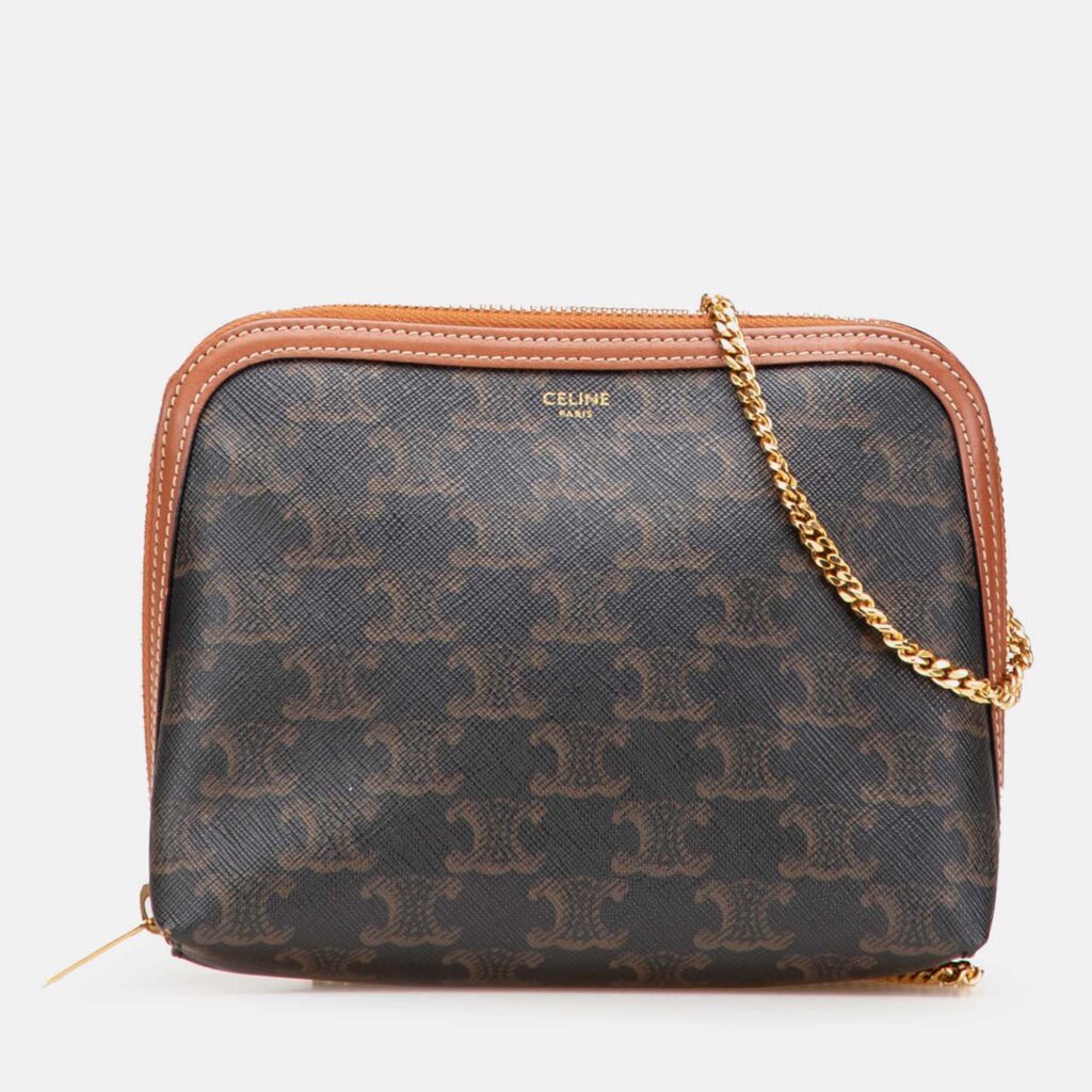 Celine Brown Triomphe Coated Canvas Clutch On Chain