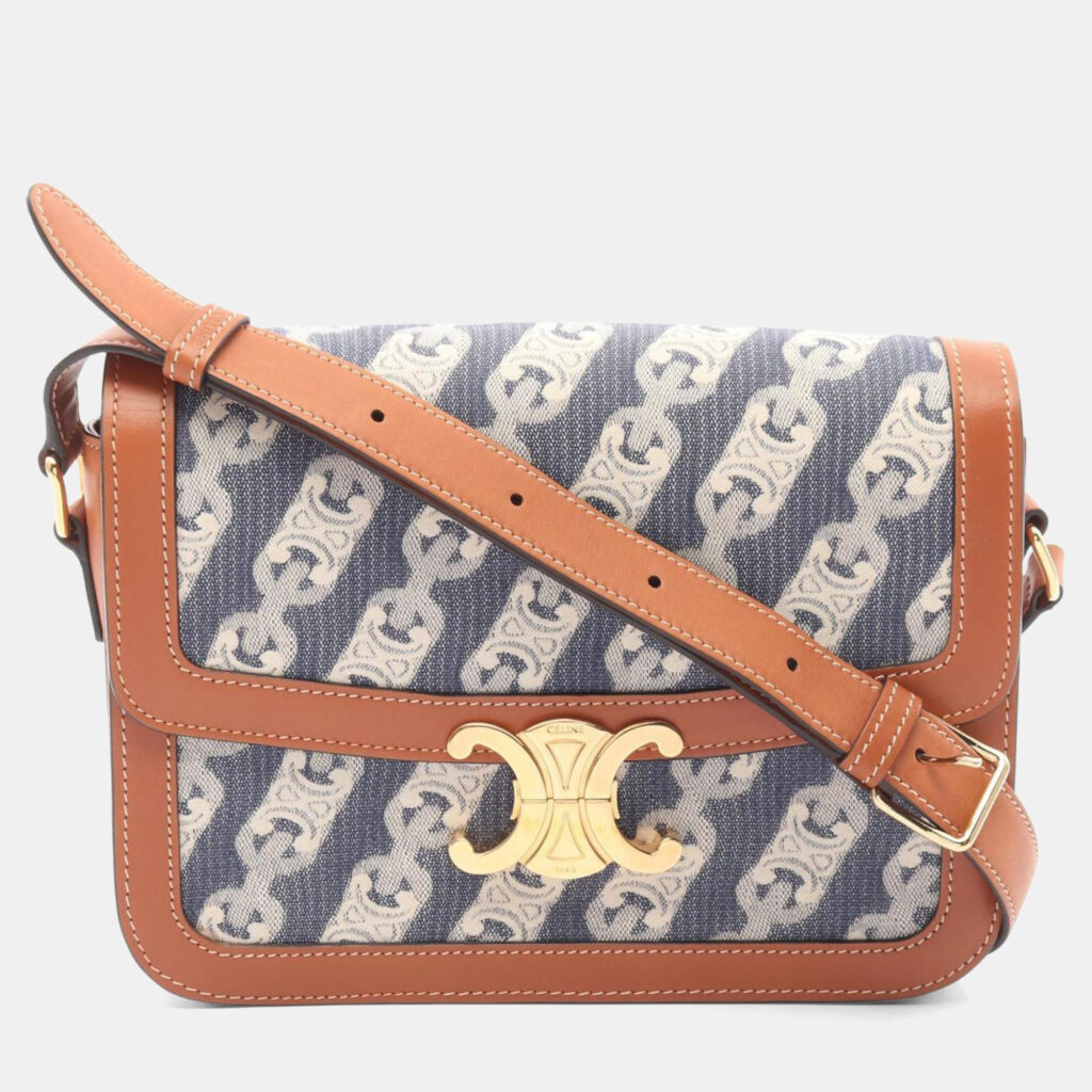 Celine Classic Triomphe Shoulder Bag Denim And Leather Navy Brown Celine Classic Triomphe Shoulder Bag Denim And Leather Navy Brown