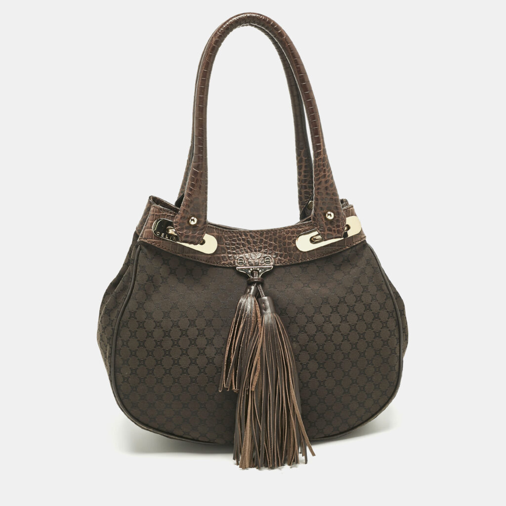 Celine Dark Brown Macadam Canvas and Croc Embossed Leather Shoulder Bag Celine Dark Brown Macadam Canvas and Croc Embossed Leather Shoulder Bag