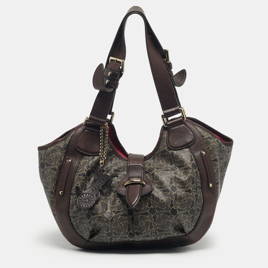 Celine Dark Brown Horse Carriage Coated Canvas and Leather Flap Hobo