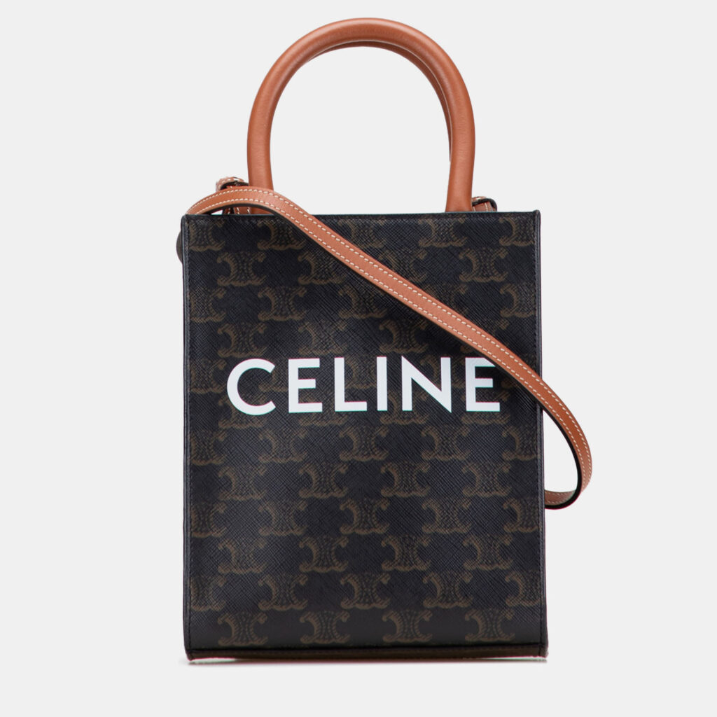 luxury-women-celine-used-handbags-p1216866-008-1.jpg Celine Brown Mini Triomphe Coated Canvas Vertical Cabas Satchel