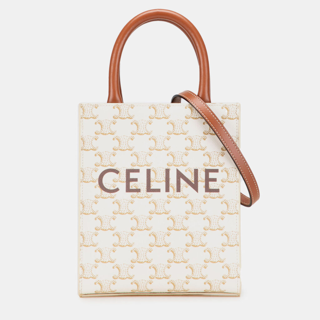 Celine White Mini Triomphe Coated Canvas Vertical Cabas Satchel Celine White Mini Triomphe Coated Canvas Vertical Cabas Satchel