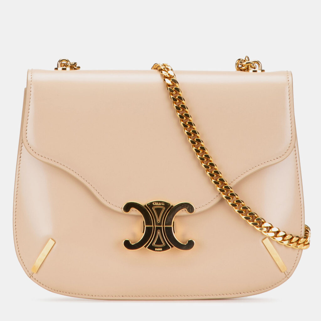 Celine Beige Brown Teen Shiny Calfskin Triomphe Besace Clea Chain Crossbody Celine Beige Brown Teen Shiny Calfskin Triomphe Besace Clea Chain Crossbody
