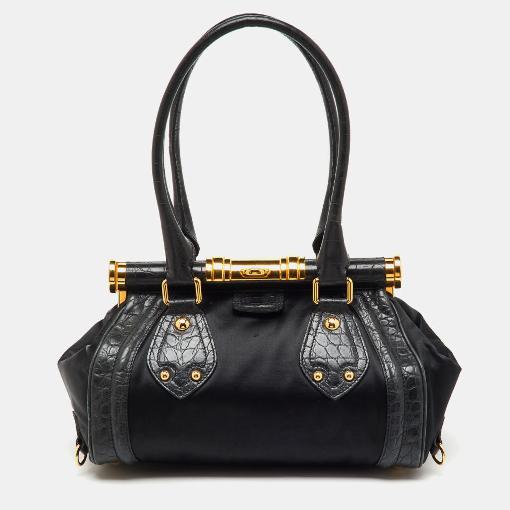 Celine Black Croc Embossed Leather and Satin Vintage Triomphe Clasp Bag Celine Black Croc Embossed Leather and Satin Vintage Triomphe Clasp Bag
