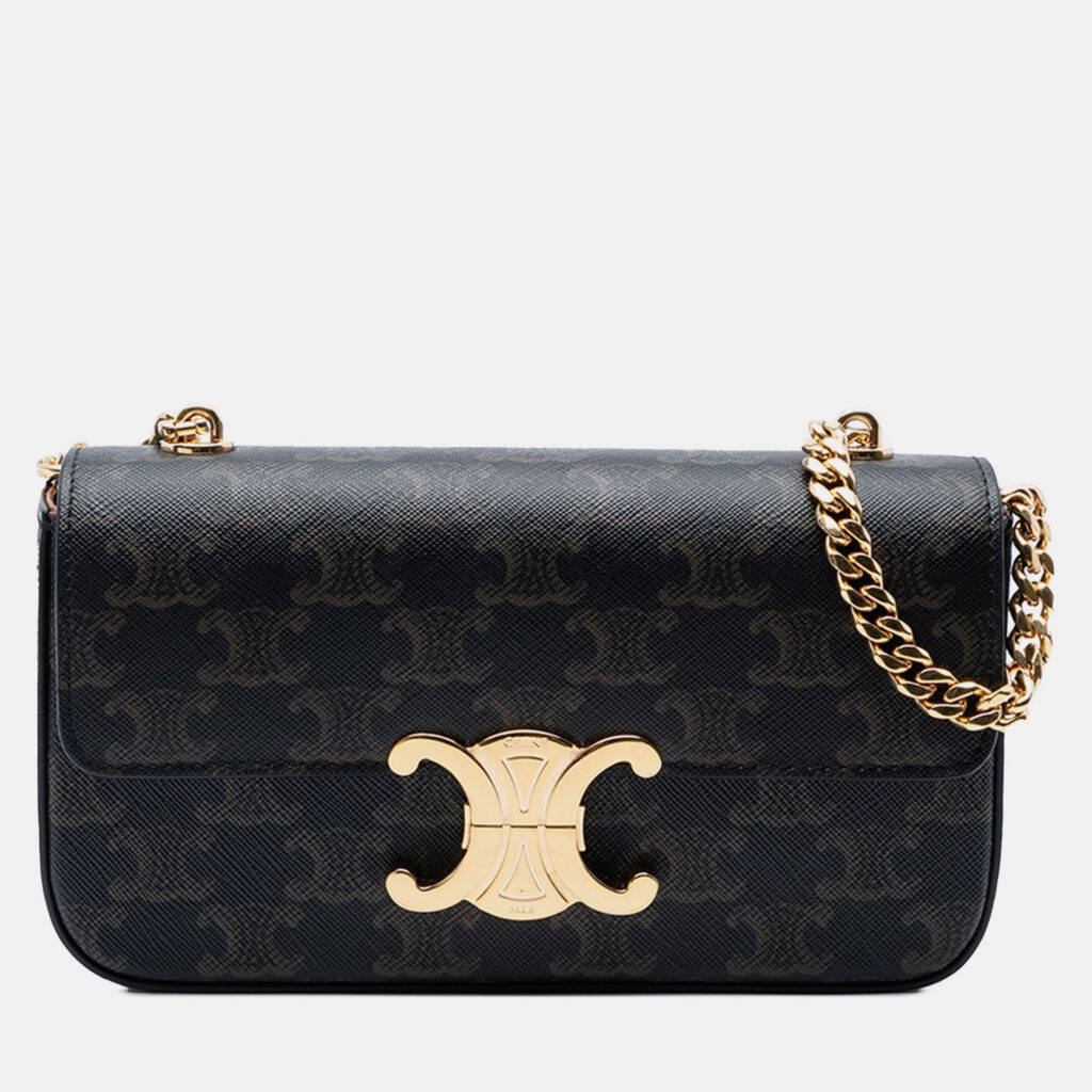 Celine Brown Triomphe Coated Canvas Claude Chain Shoulder Bag