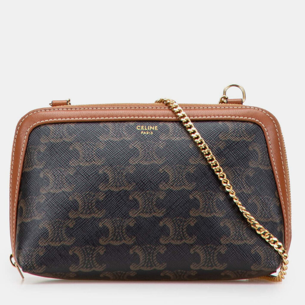 Celine Brown Triomphe Coated Canvas Clutch On Chain Celine Brown Triomphe Coated Canvas Clutch On Chain