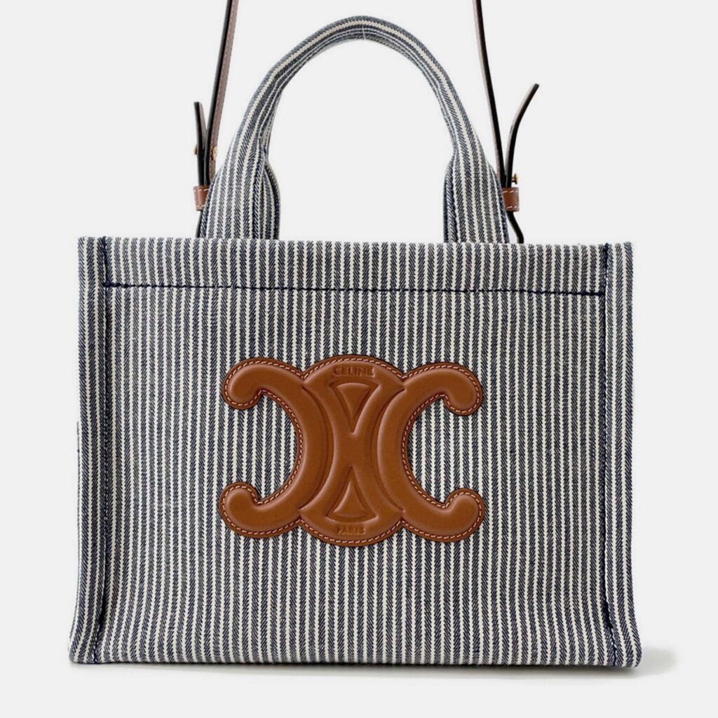 Celine Small Kabatais 2-Way Bag Navy Blue/Brown Canvas Leather
