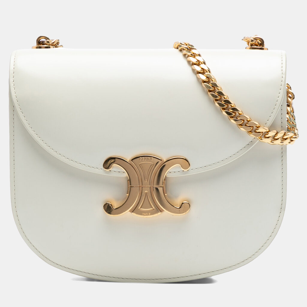 Celine White Teen Shiny Calfskin Triomphe Besace Clea Chain Crossbody