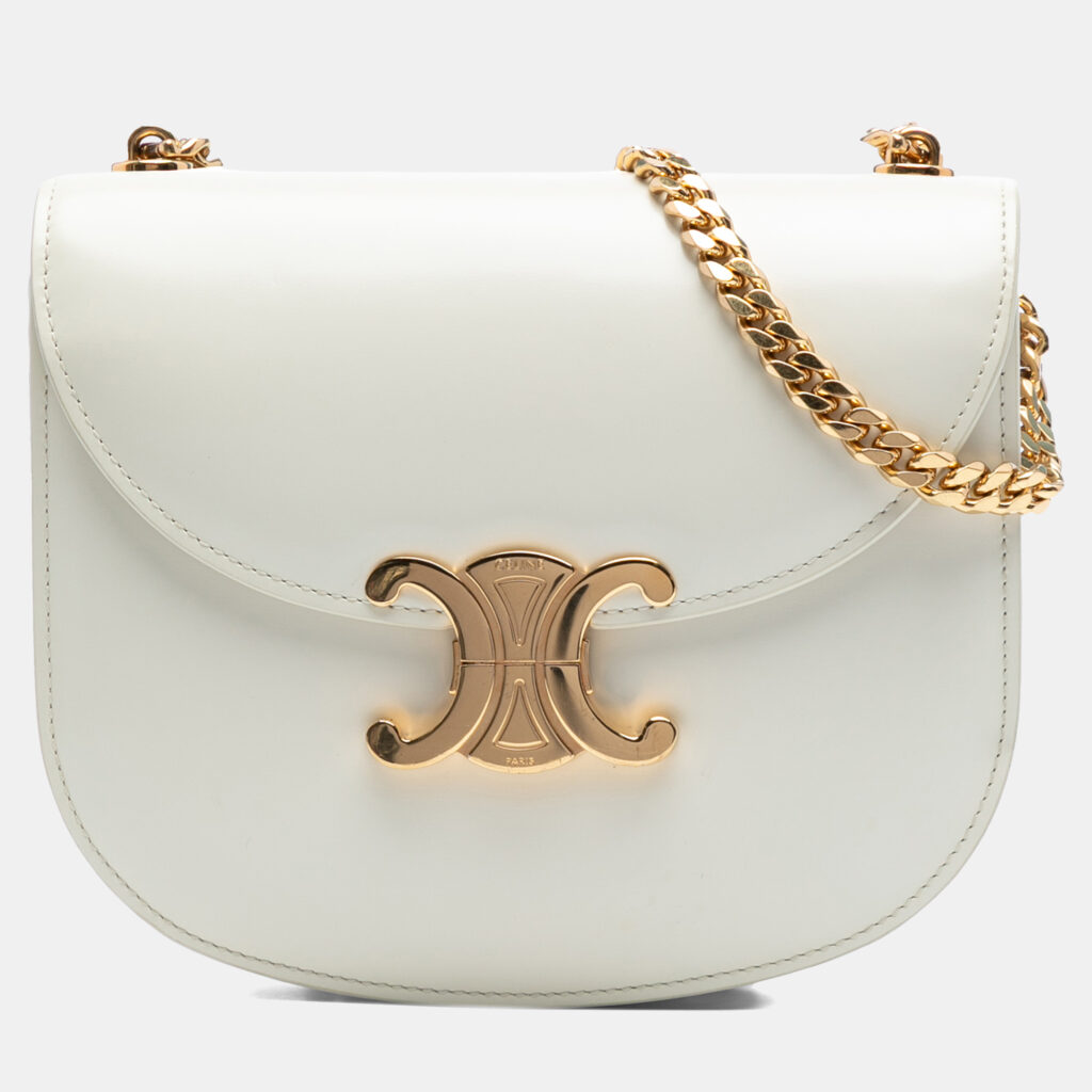 Celine White Teen Shiny Calfskin Triomphe Besace Clea Chain Crossbody Celine White Teen Shiny Calfskin Triomphe Besace Clea Chain Crossbody