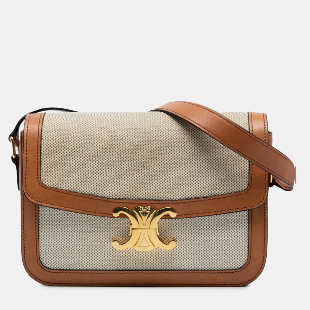 luxury-women-celine-used-handbags-p1238287-004-1.jpg Celine Classique Triomphe Canvas Calfskin Leather Crossbody Bag