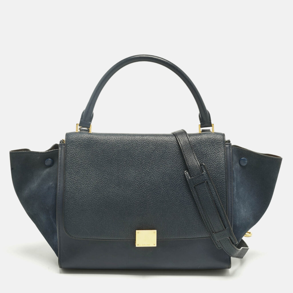 luxury-women-celine-used-handbags-p1241130-017-1.jpg Celine Navy Blue Leather and Suede Medium Trapeze Top Handle Bag