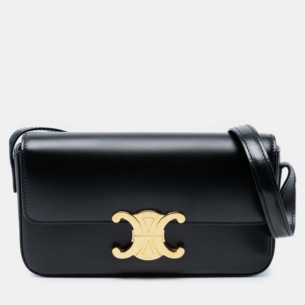 Celine Black Shiny Calfskin Triomphe Claude Shoulder Bag Celine Black Shiny Calfskin Triomphe Claude Shoulder Bag