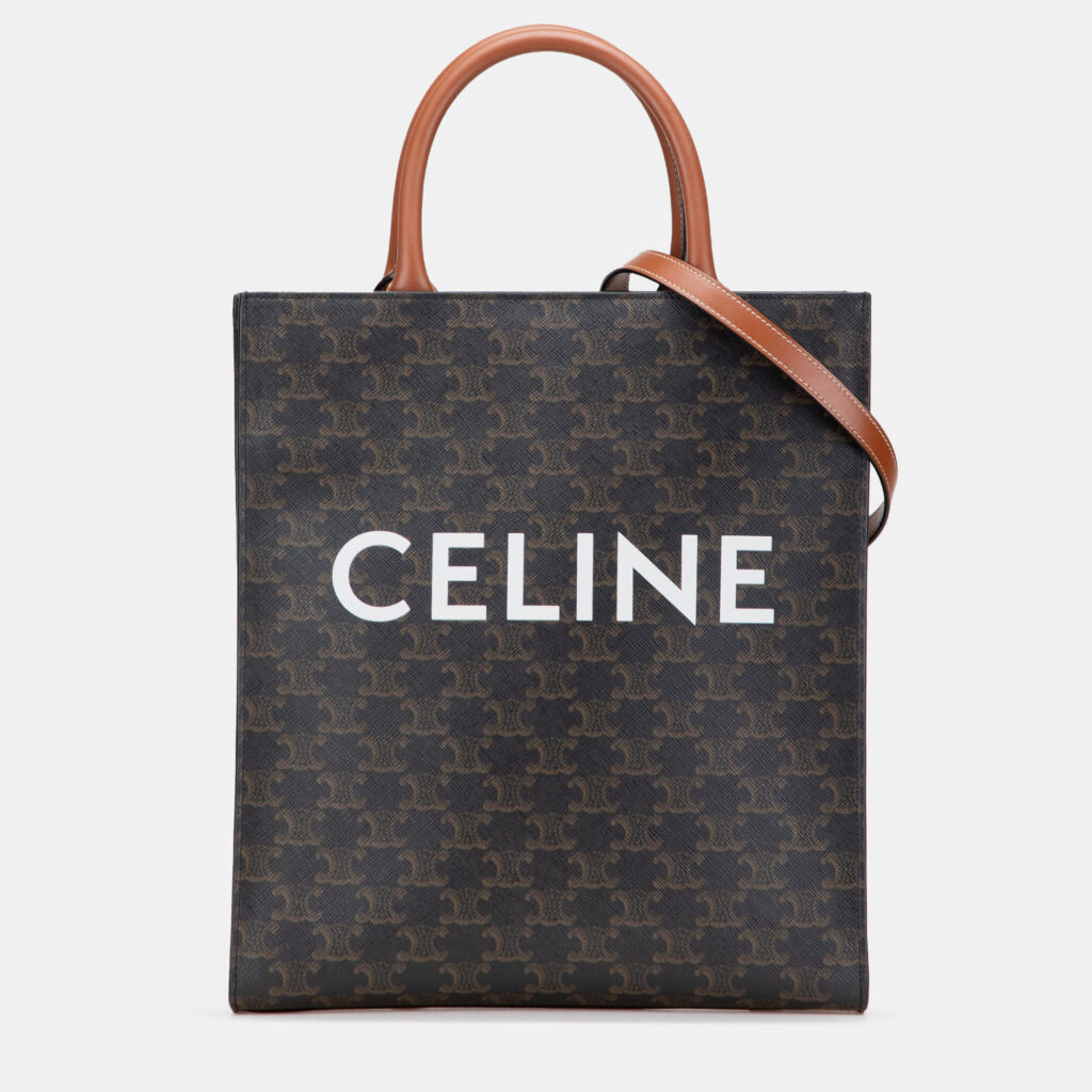 Celine Brown Small Triomphe Coated Canvas Vertical Cabas Tote Celine Brown Small Triomphe Coated Canvas Vertical Cabas Tote