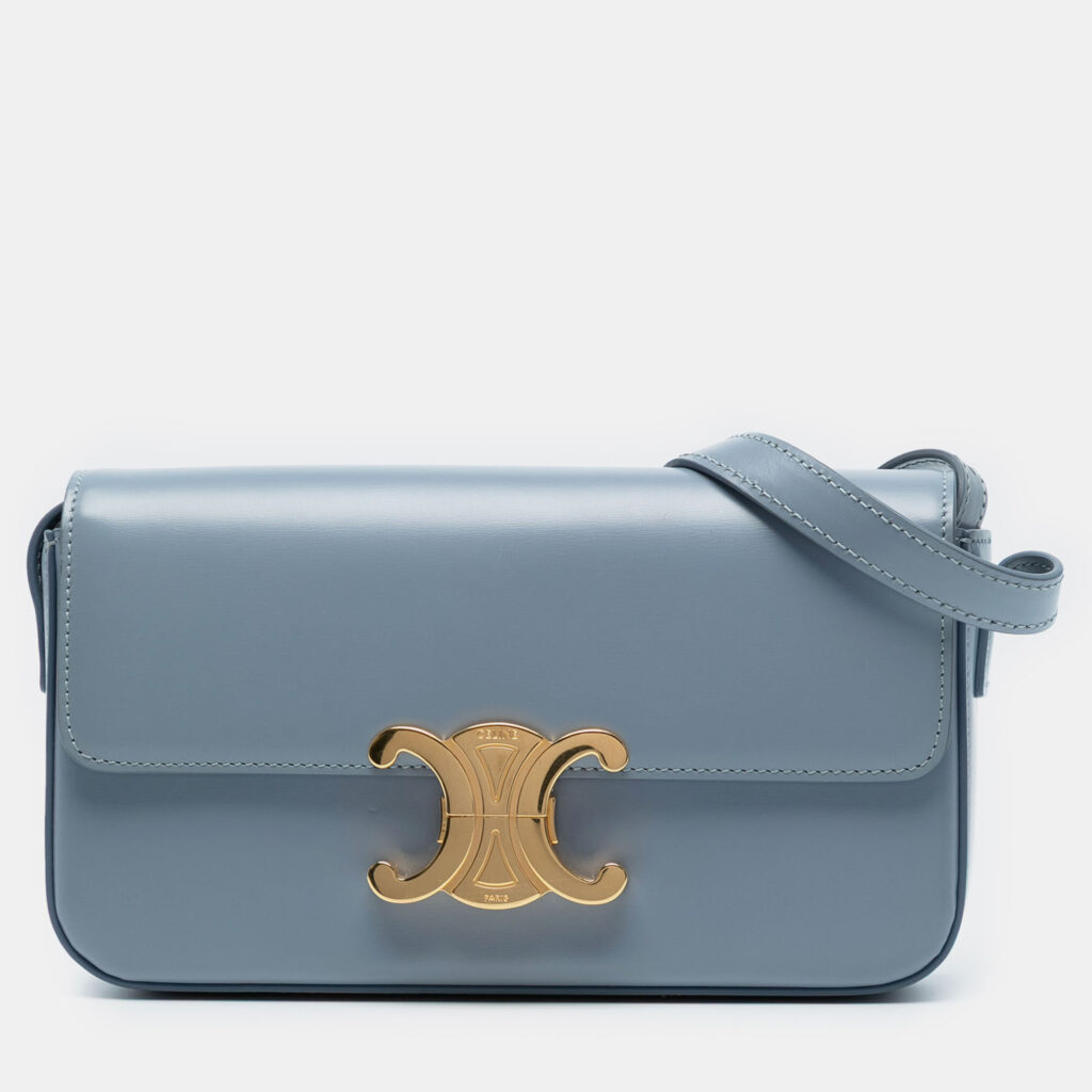 Celine Blue Shiny Calfskin Triomphe Claude Shoulder Bag Celine Blue Shiny Calfskin Triomphe Claude Shoulder Bag