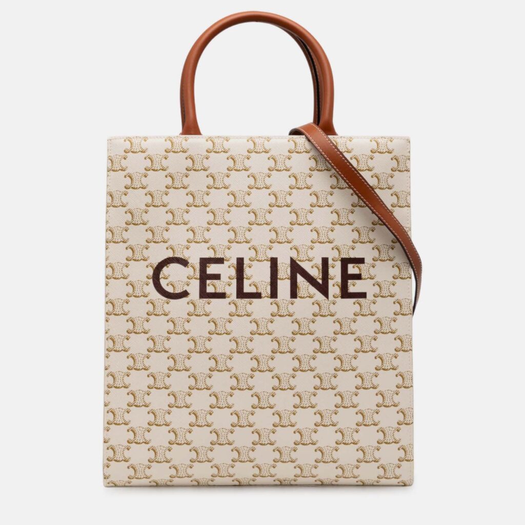 Celine Cream Small Triomphe Coated Canvas Vertical Cabas Satchel Celine Cream Small Triomphe Coated Canvas Vertical Cabas Satchel
