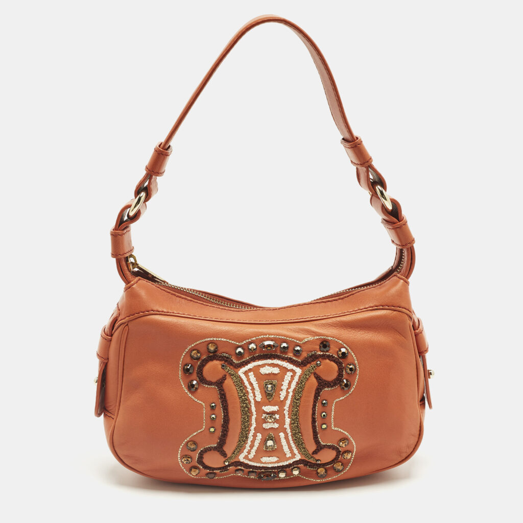 luxury-women-celine-used-handbags-p1246181-007-1.jpg Celine Triomphe Crystals Orange Leather Shoulder Bag