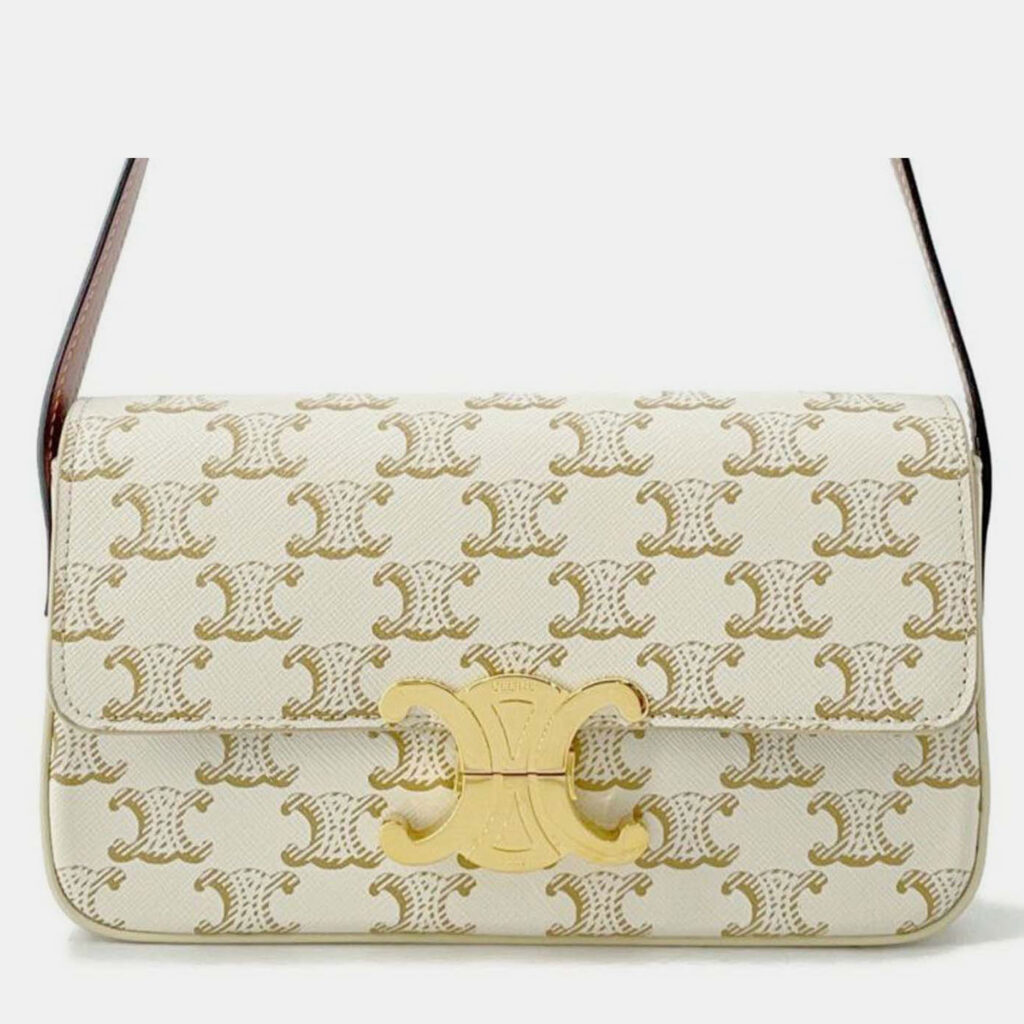 luxury-women-celine-used-handbags-p1247552-013-1.jpg Celine White Triomphe Coated Canvas Claude Shoulder Bag