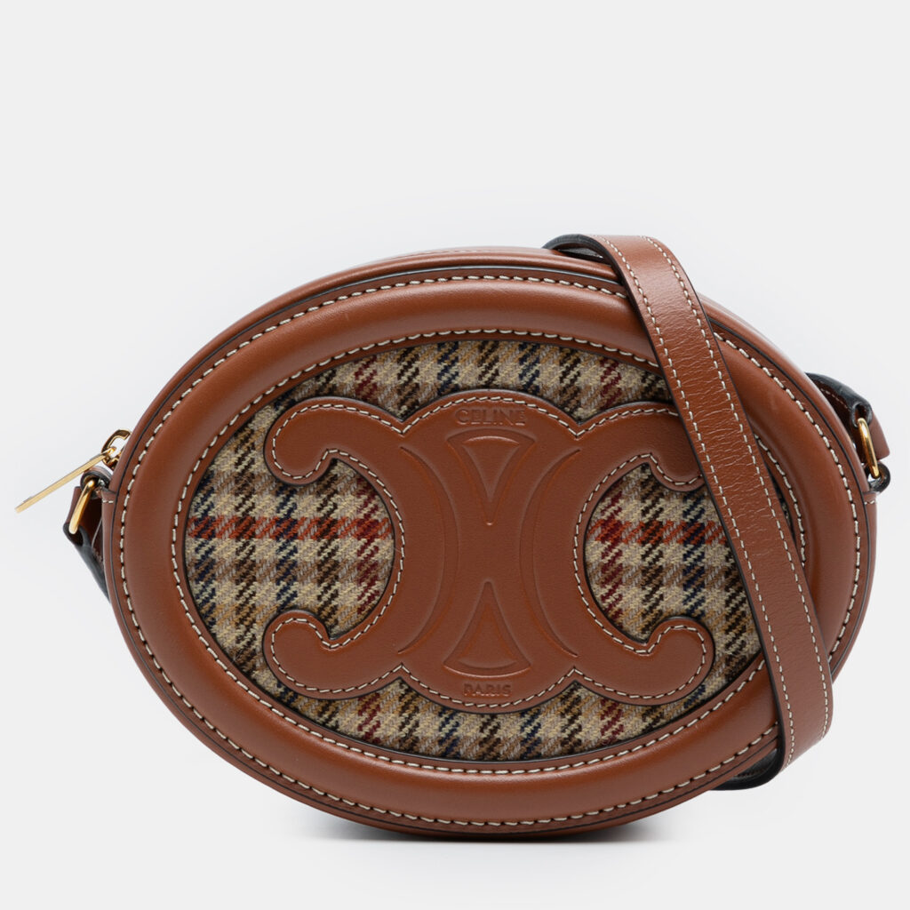 Celine Brown Small Houndstooth Canvas and Calfskin Cuir Triomphe Oval Crossbody Celine Brown Small Houndstooth Canvas and Calfskin Cuir Triomphe Oval Crossbody