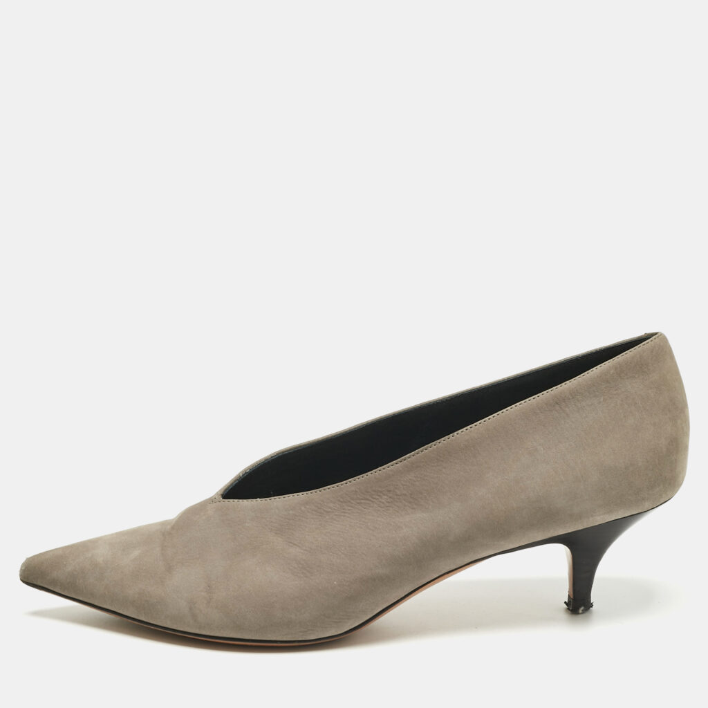 Celine Grey Nubuck Leather V Neck Pointed Toe Pumps Size 39