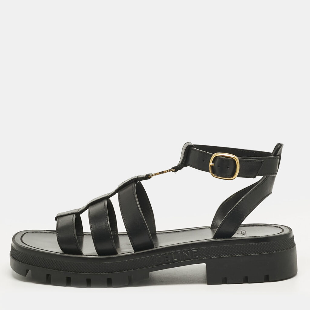 luxury-women-celine-used-shoes-p1223098-001-1.jpg Celine Black Leather Clea Triomphe Strappy Gladiator Sandals Size 40