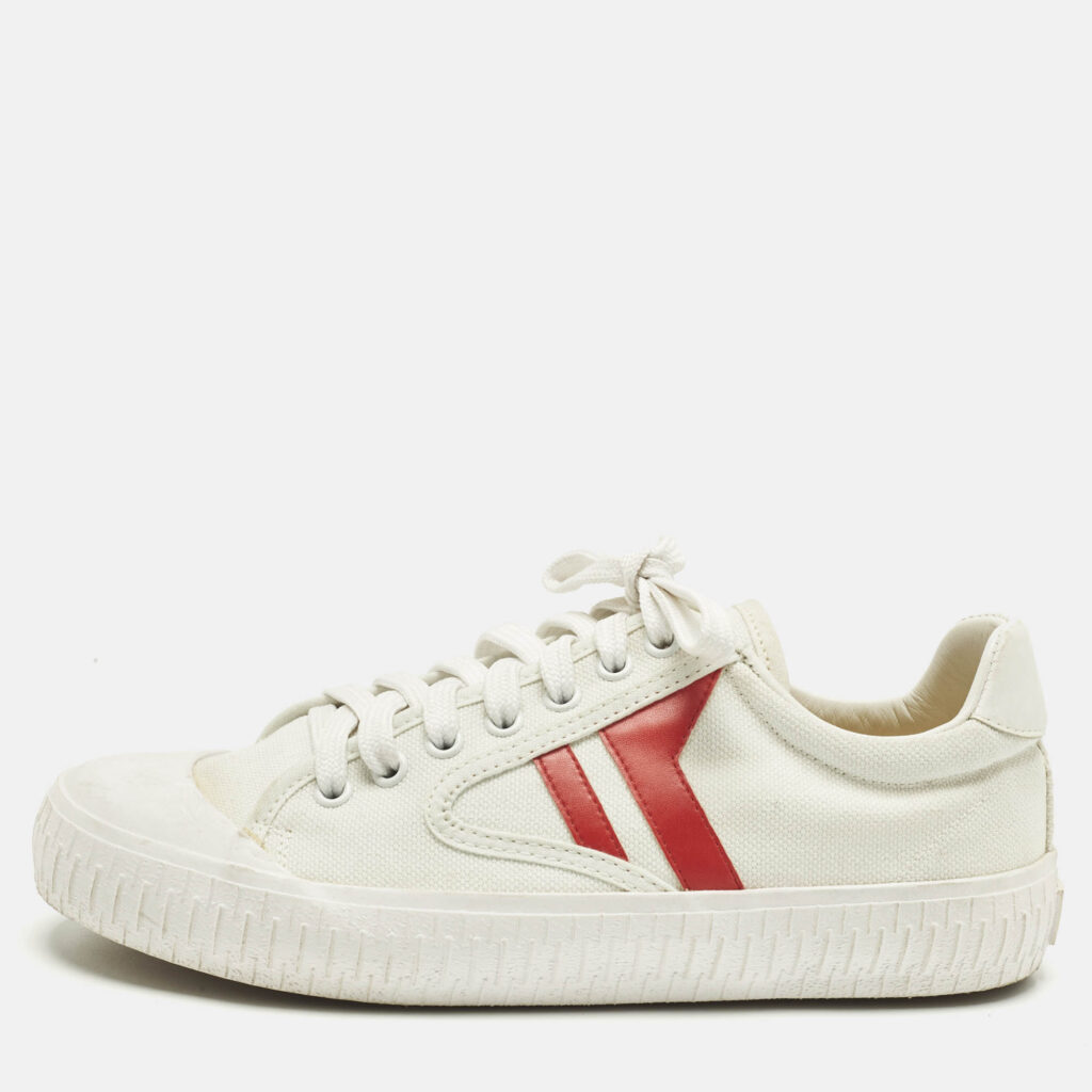 luxury-women-celine-used-shoes-p1242783-010-1.jpg Celine White/Red Canvas and Leather Colorblock Pattern Low Top Sneakers Size 38