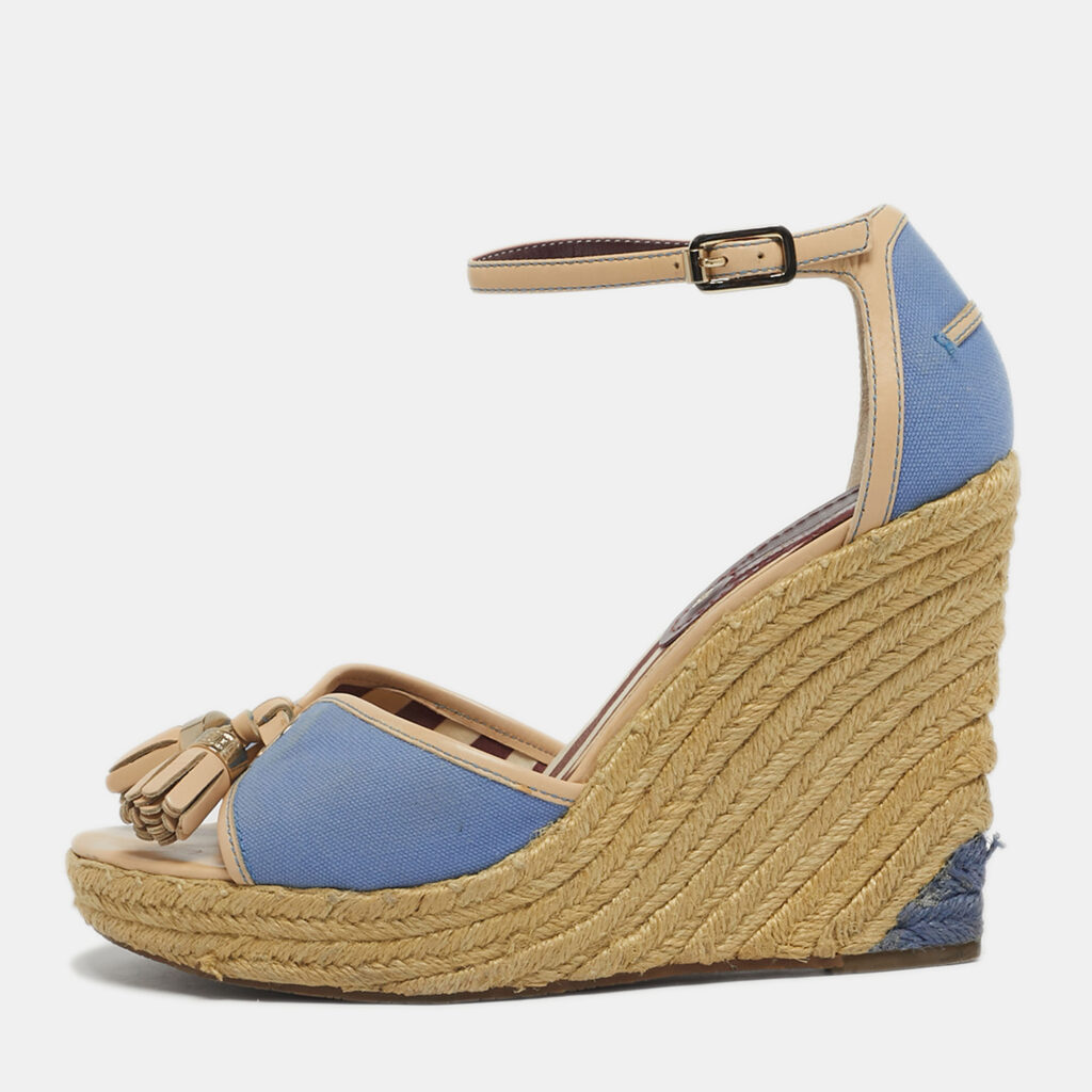 Celine Size 40 Blue/Beige Canvas Tassel Espadrille Platform Wedge Sandals