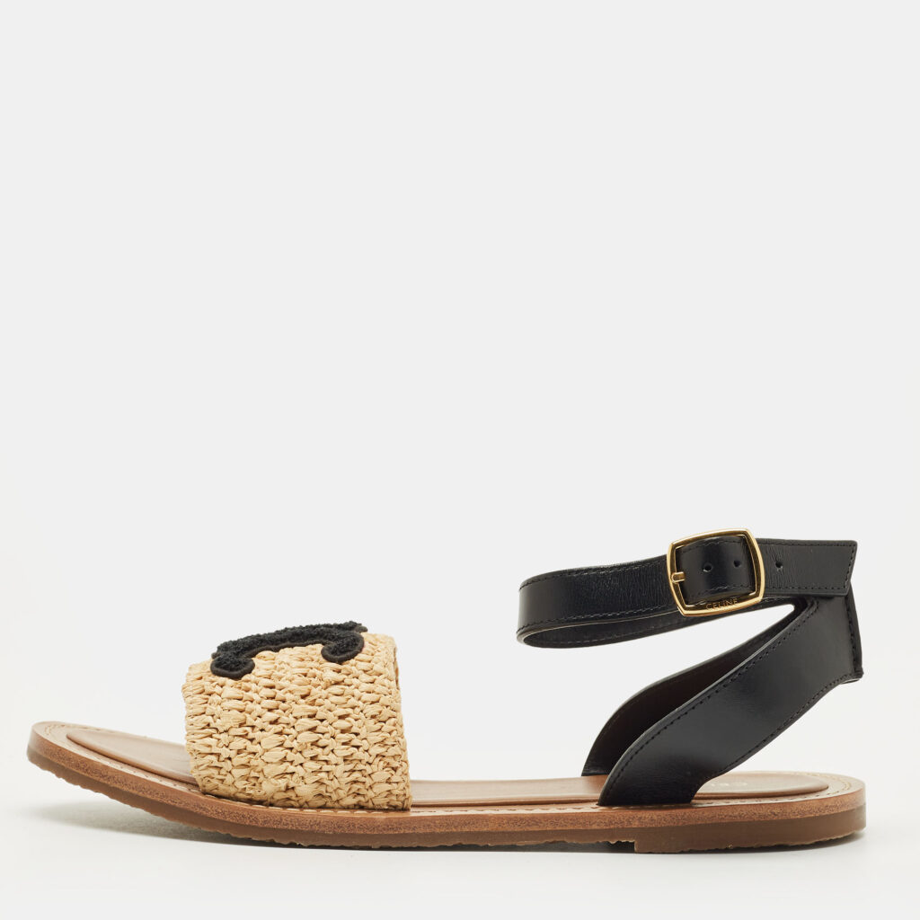 Celine Size 39.5 Beige/Black Leather and Raffia Ankle Strap Flat Sandals