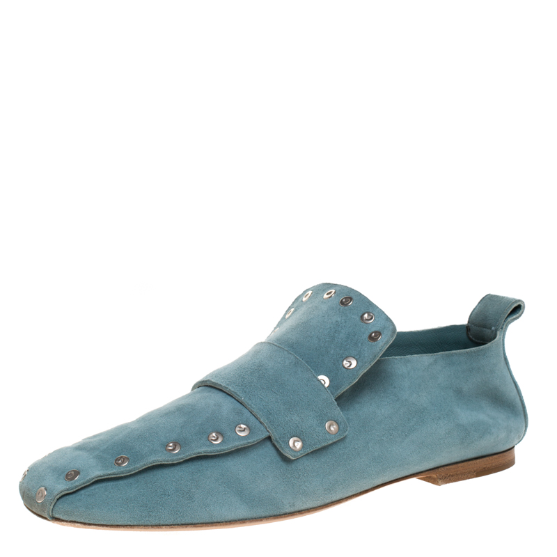 Celine Blue Suede Studded Slip On Loafers Size 39 Celine Blue Suede Studded Slip On Loafers Size 39