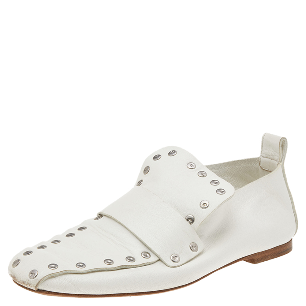 Celine White Leather Rivet Studs Loafers Size 36.5