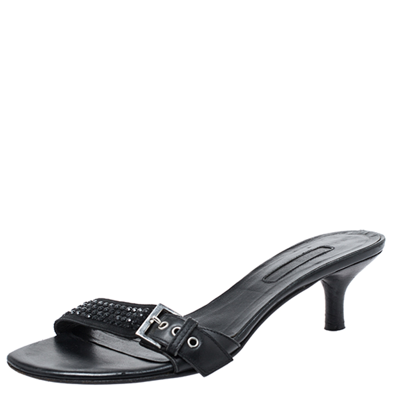 Cesare Paciotti Black Leather Crystal Embellished Buckle Detail Kitten Heel Mules Size 37 Cesare Paciotti Black Leather Crystal Embellished Buckle Detail Kitten Heel Mules Size 37