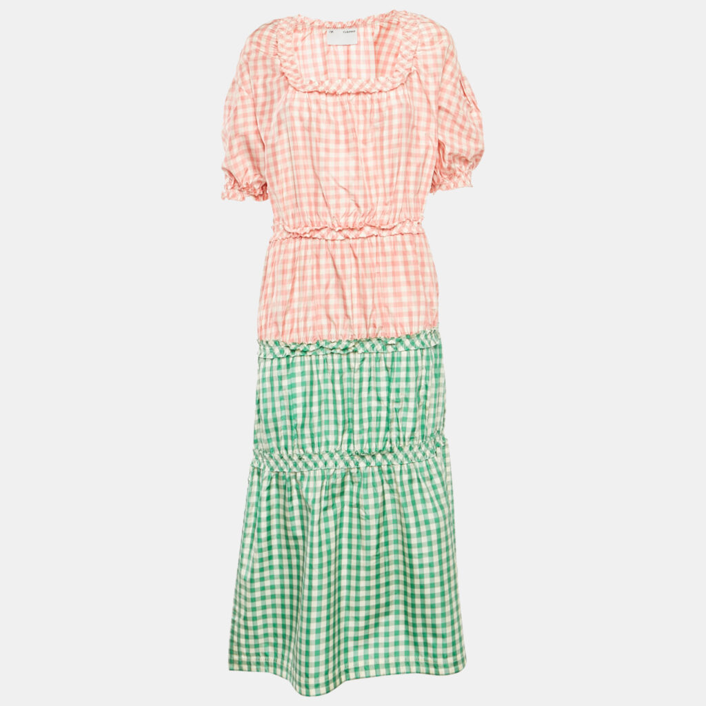 CF. Goldman Pink/Green Checkered Silk Tiered Midi Dress S