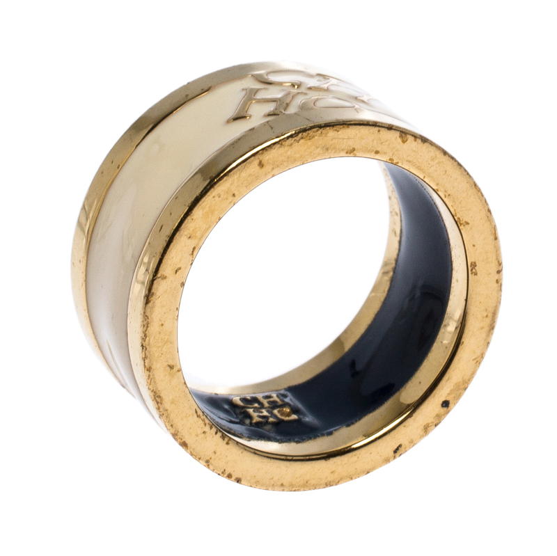 CH Carolina Herrera Cream Enamel Gold Tone Band Ring Size 52