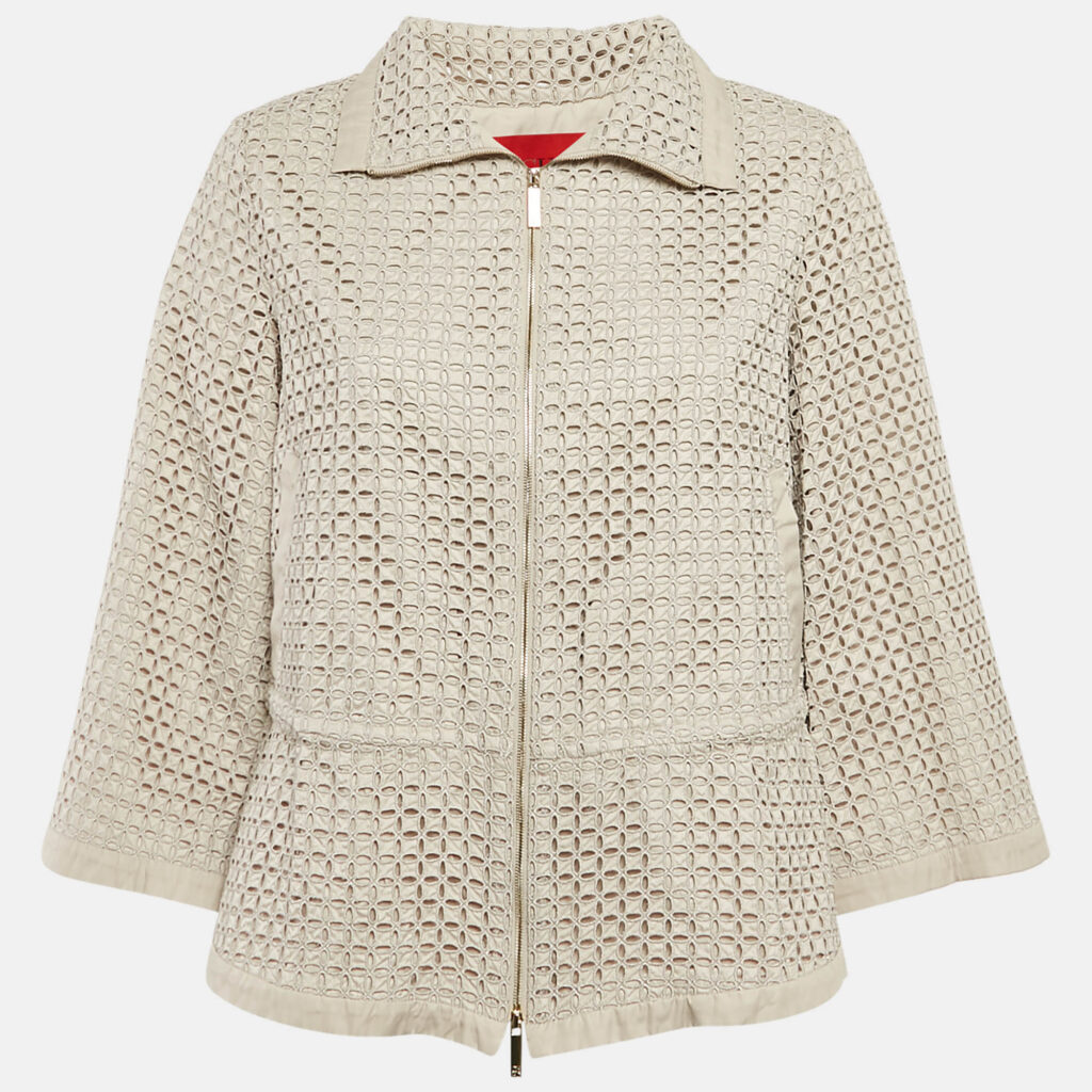 CH Carolina Herrera Beige Broderie Anglaise Eyelet Synthetic Zip-Up Jacket S CH Carolina Herrera Beige Broderie Anglaise Eyelet Synthetic Zip-Up Jacket S