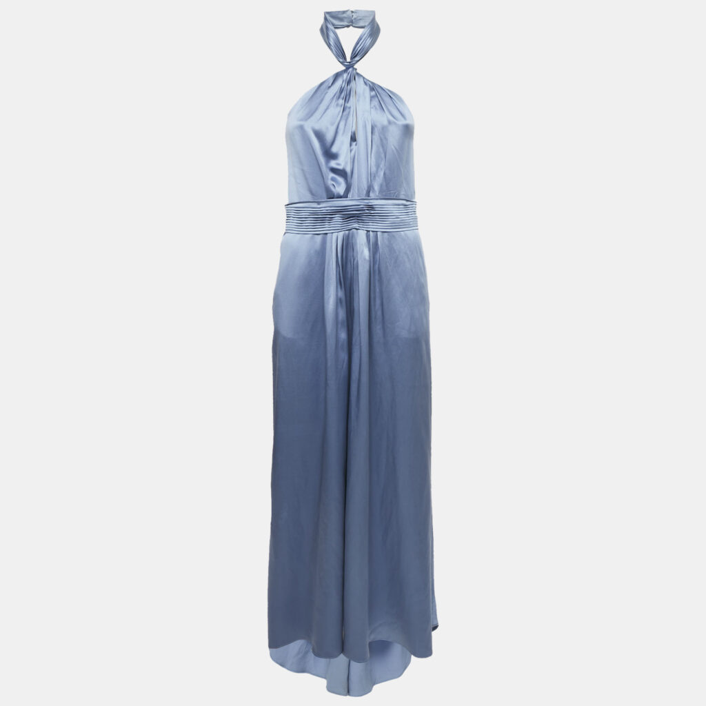 CH Carolina Herrera Blue Silk Halter Neck Pleated Maxi Dress M CH Carolina Herrera Blue Silk Halter Neck Pleated Maxi Dress M