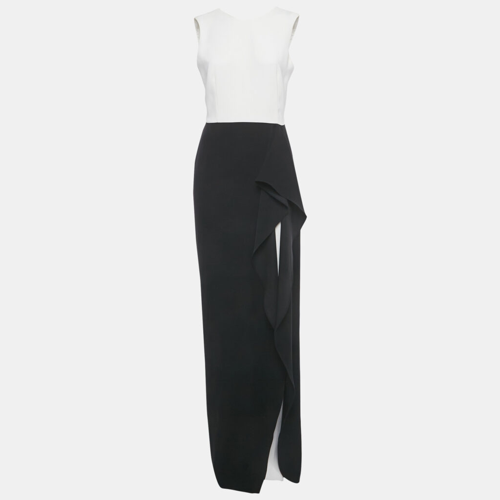 CH Carolina Herrera Black/White Crepe Ruffled Sleeveless Evening Dress M