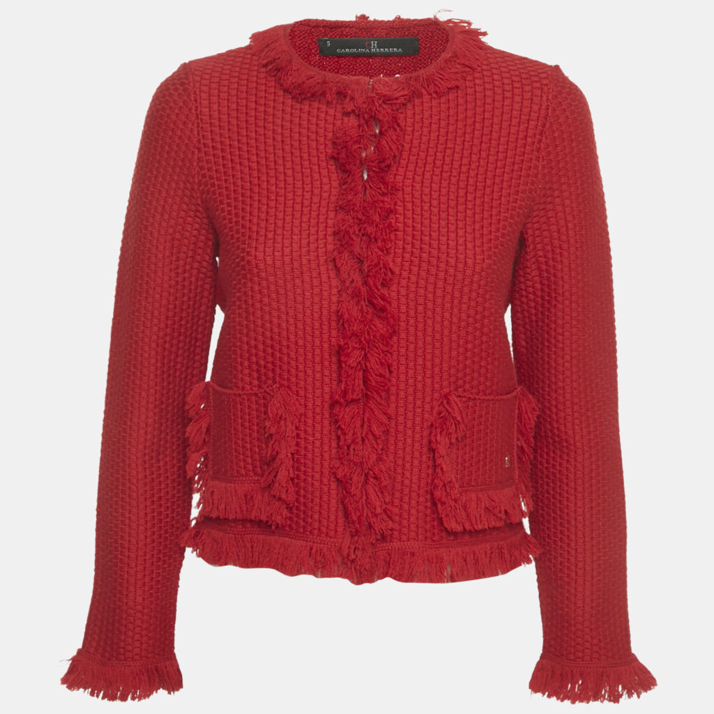 luxury-women-ch-carolina-herrera-used-clothes-p1219446-008-1.jpg CH Carolina Herrera Red Wool Blend Fringe Detail Cardigan S