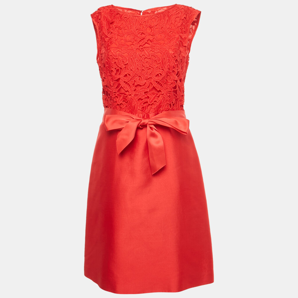 CH Carolina Herrera Red Floral Lace & Crepe Sleeveless Short Dress M