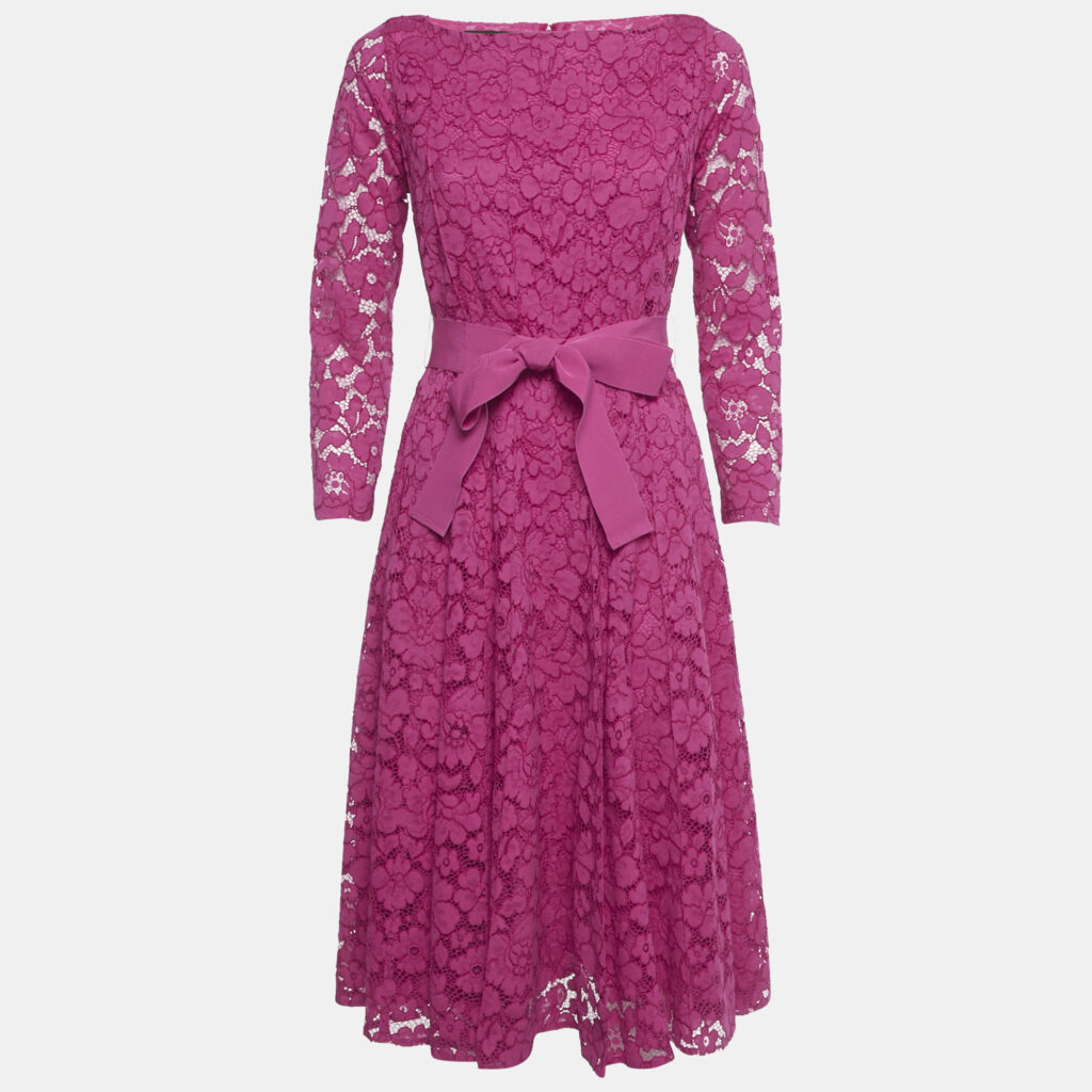 CH Carolina Herrera Pink Lace Belted Flared Dress XS