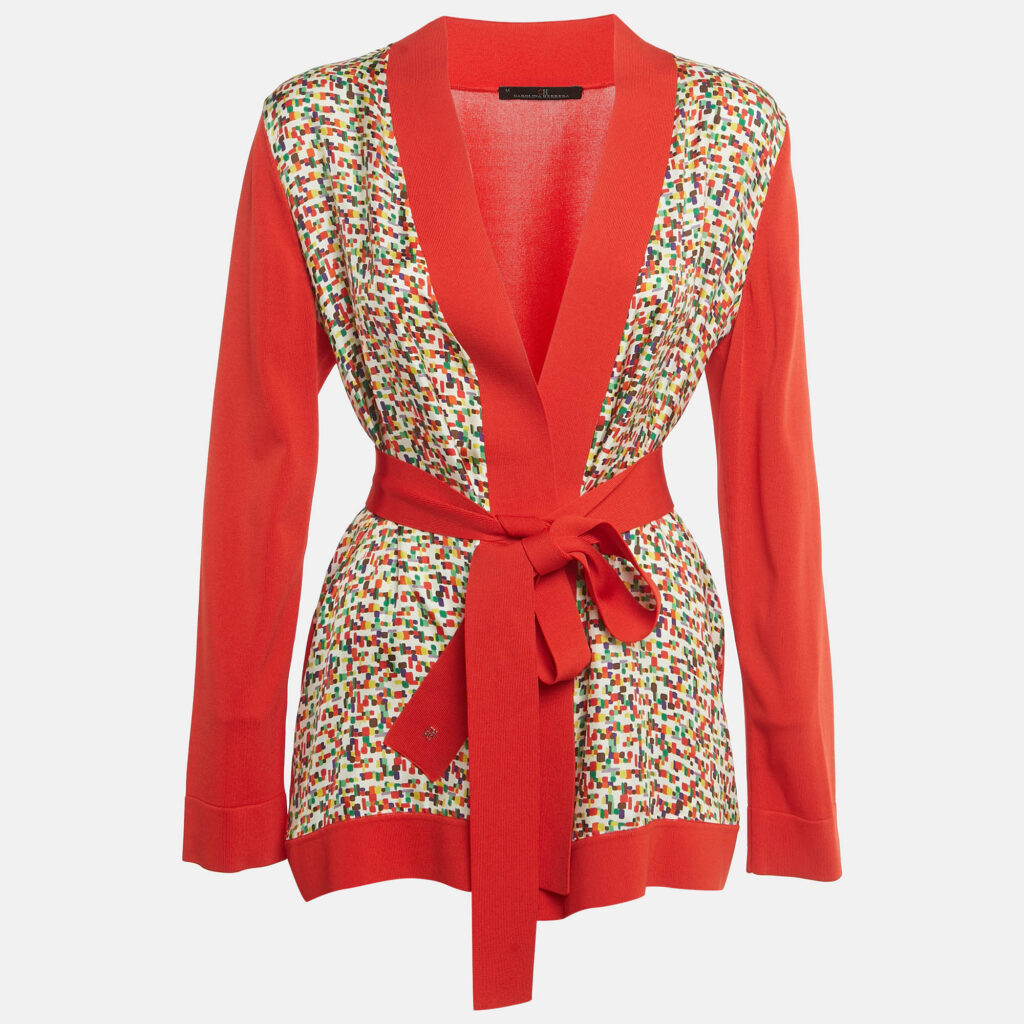 CH Carolina Herrera Printed Silk and Knit Belted Cardigan M CH Carolina Herrera Printed Silk and Knit Belted Cardigan M