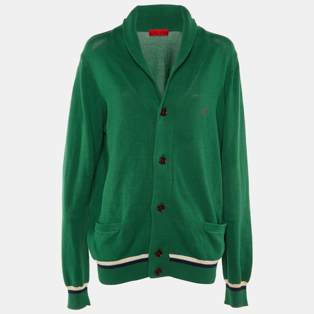 CH Carolina Herrera Green Logo Cotton Knit Button Front Cardigan L CH Carolina Herrera Green Logo Cotton Knit Button Front Cardigan L