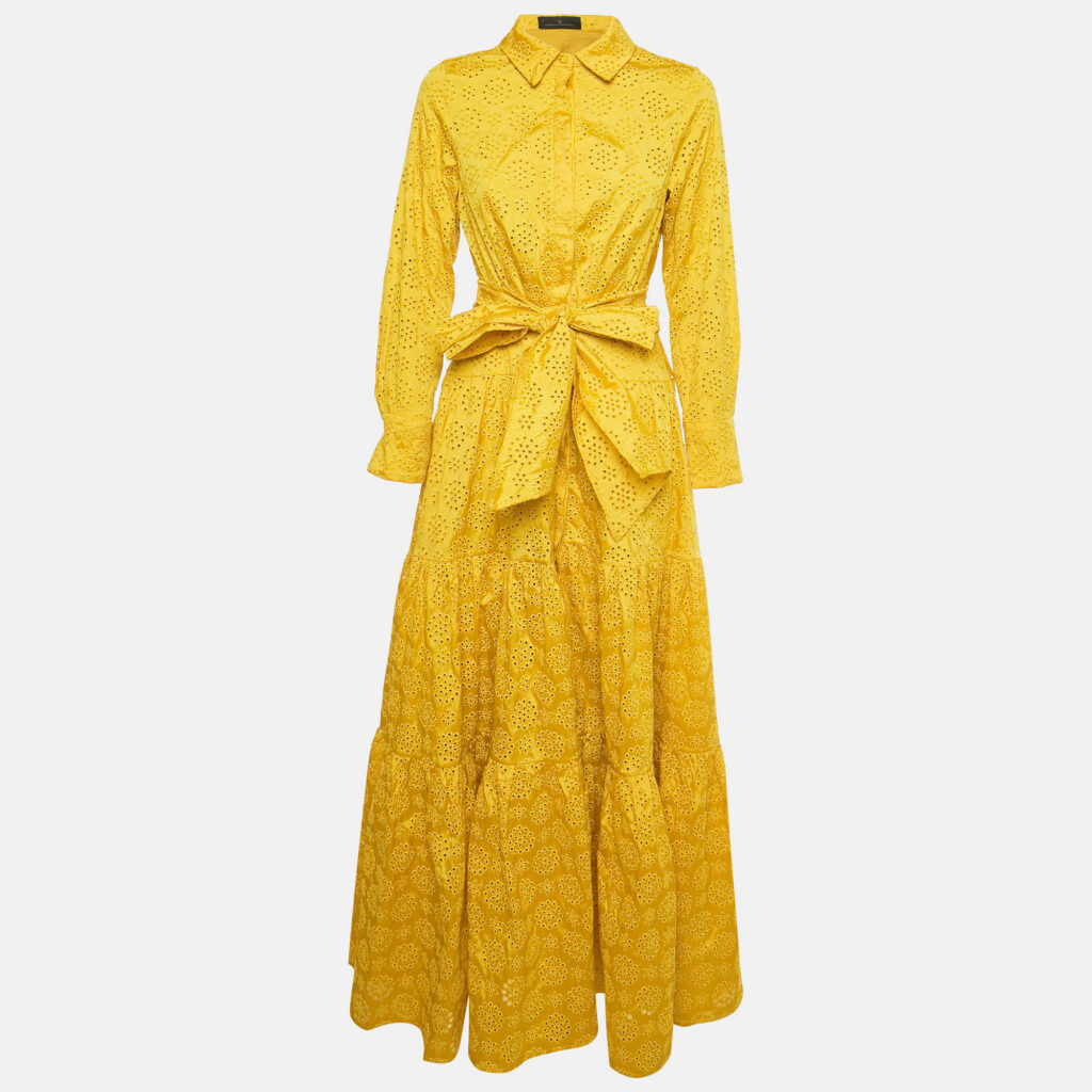 CH Carolina Herrera Yellow Broderie Anglaise Crepe Maxi Dress M