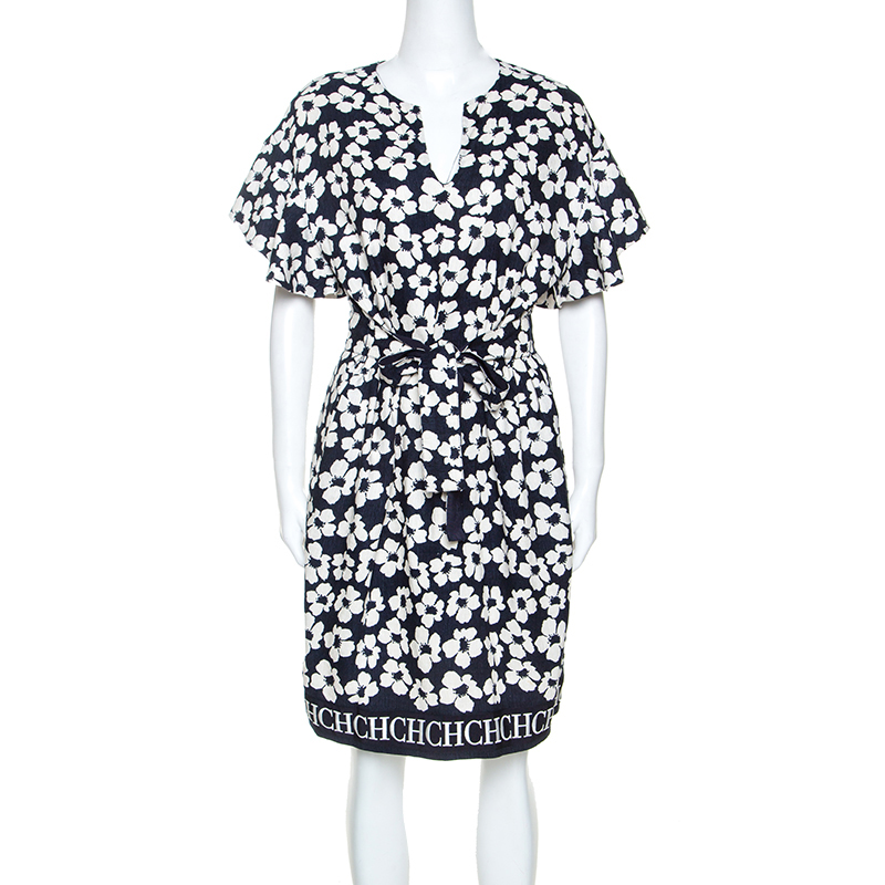 CH Carolina Herrera Navy Blue Floral Print Silk and Linen Blend Dress M CH Carolina Herrera Navy Blue Floral Print Silk and Linen Blend Dress M